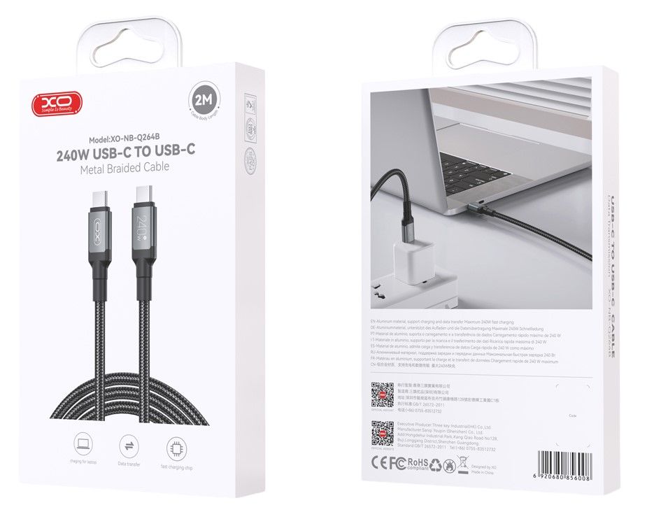 Câble de Données et de Charge USB-C - USB-C XO Design NB-Q264B, 240W, 2m, Noir
