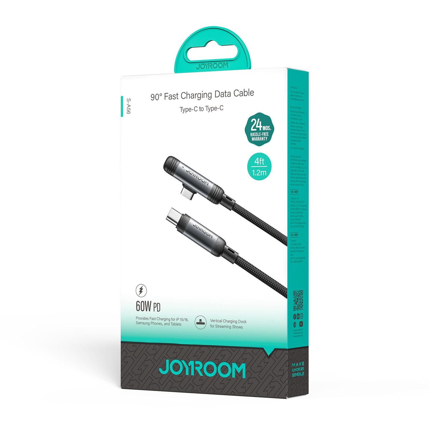 Câble de Données et de Charge USB-C - USB-C Joyroom S-A56 EnjoyX Angled, 60W, 1.2m, Noir