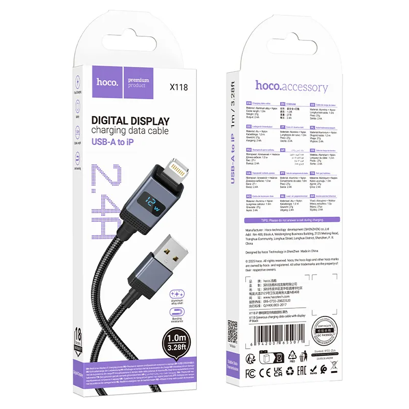 Daten- und Ladekabel USB-A - Lightning HOCO X118 Display, 12W, 1m, Schwarz