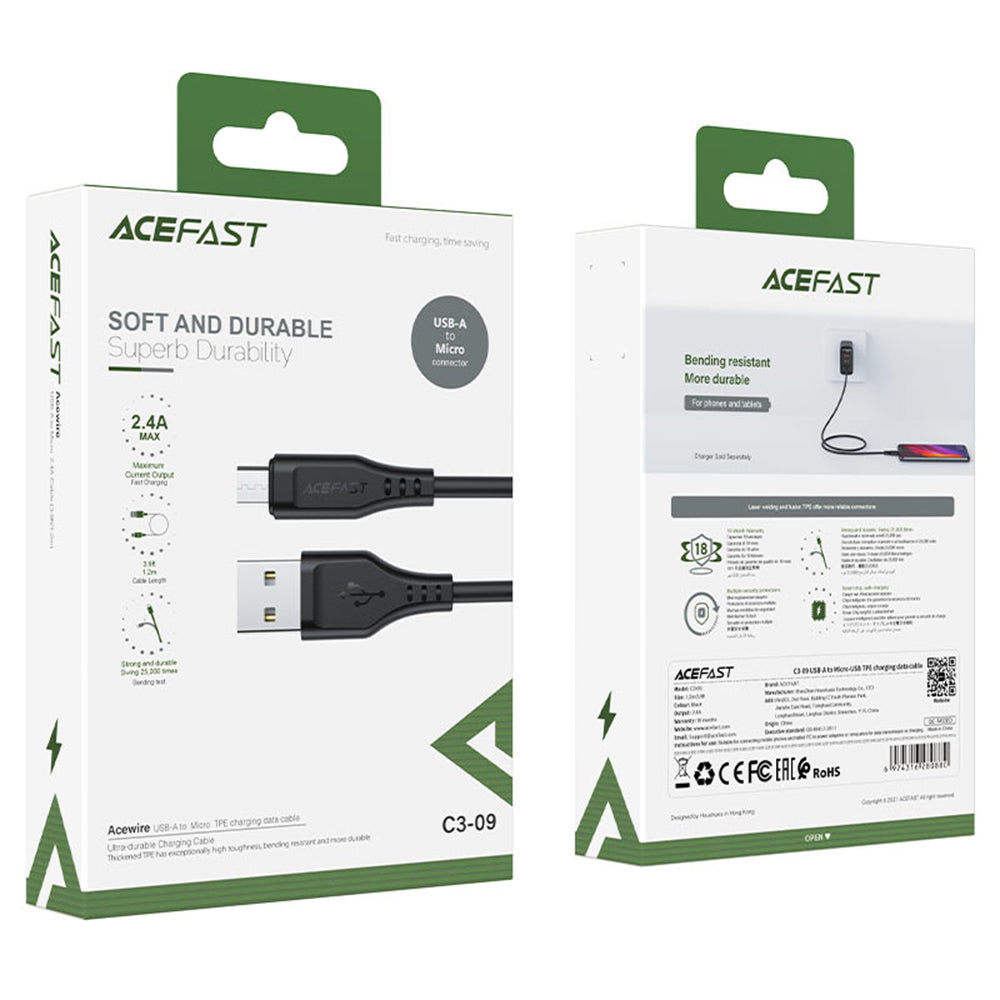 Câble de Données et de Charge USB-A - microUSB Acefast C3-09, 18W, 1.2m, Noir