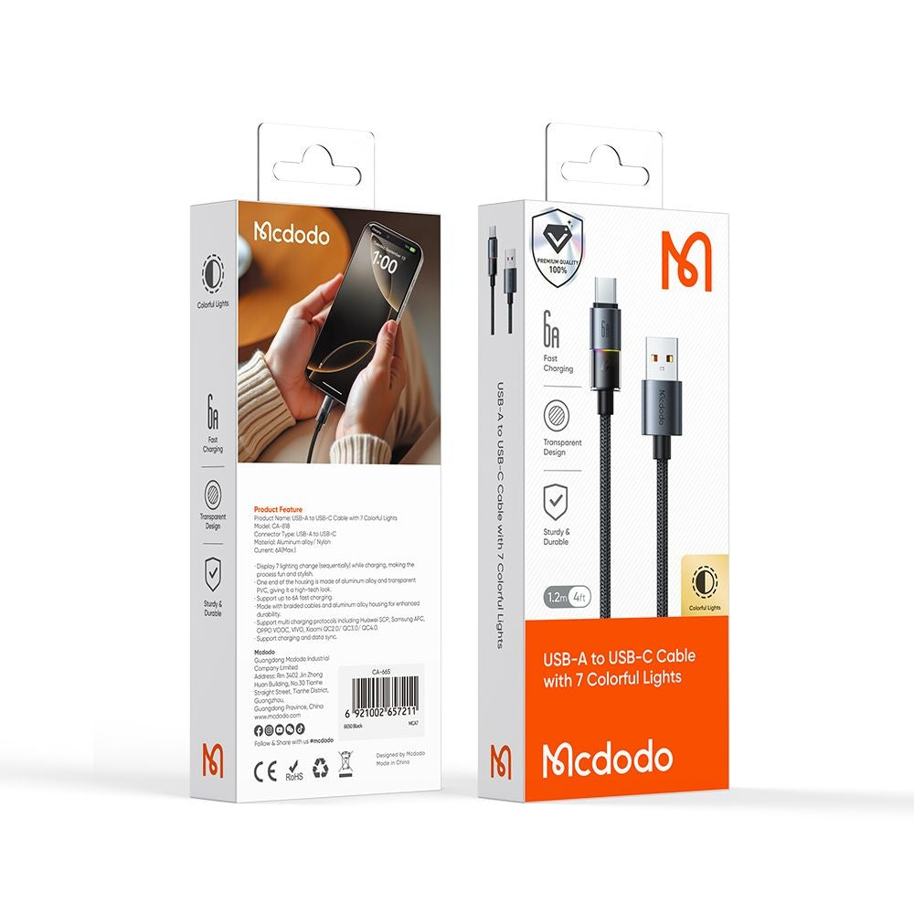Câble de Données et de Charge USB-A - USB-C McDodo CA-8180 Colorful, 66W, 1.2m, Noir