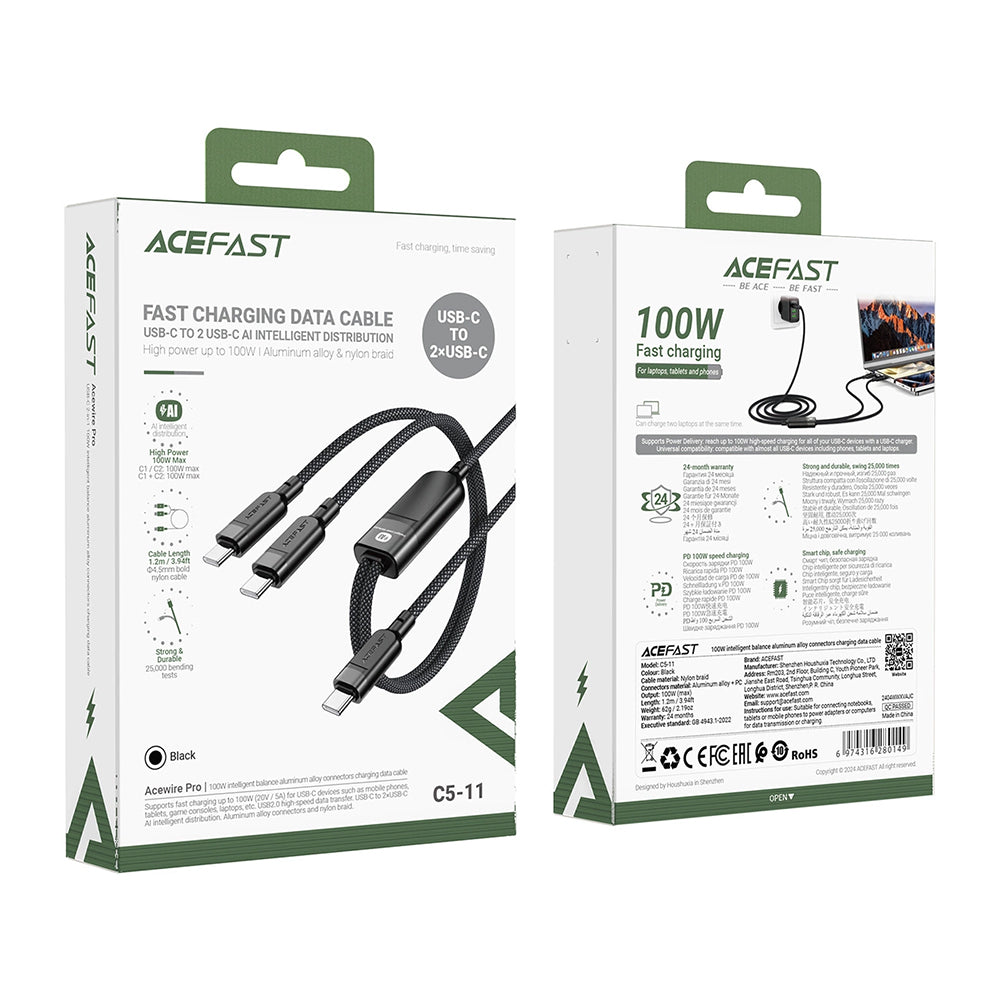 Câble de Données et de Charge USB-C - 2 x USB-C Acefast C5-11, 100W, 1.2m, Noir