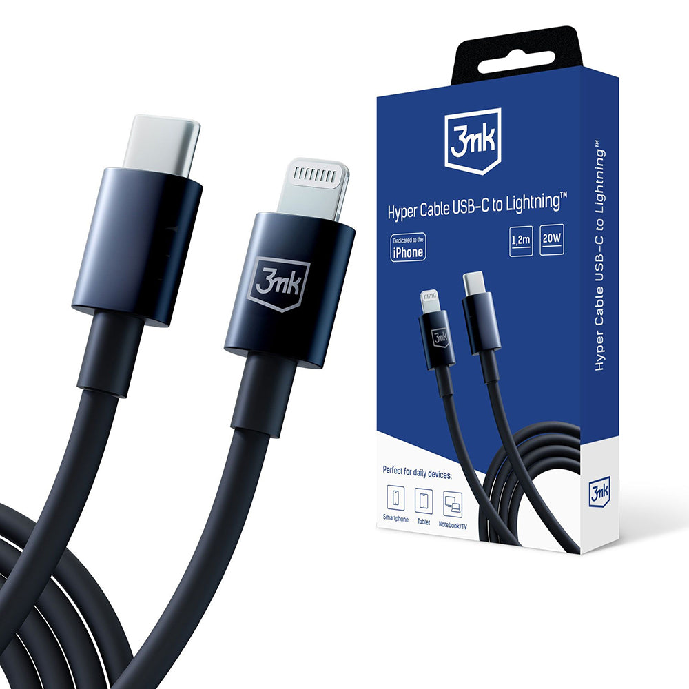 Câble de Données et de Charge USB-C - Lightning 3MK Hyper, 20W, 1.2m, Noir