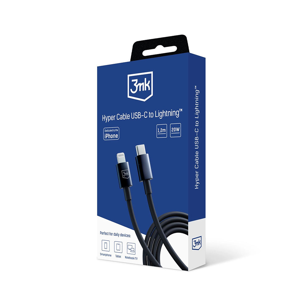 Câble de Données et de Charge USB-C - Lightning 3MK Hyper, 20W, 1.2m, Noir