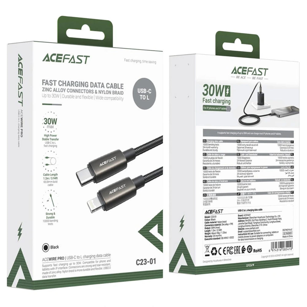 Câble de Données et de Charge USB-C - Lightning Acefast C23-01, 30W, 1.2m, Noir