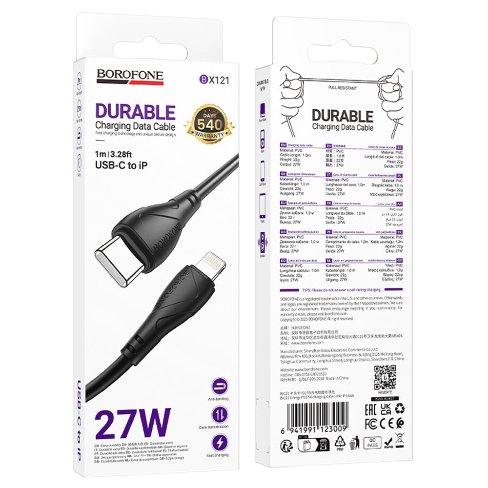 Câble de Données et de Charge USB-C - Lightning Borofone BX121 Energy, 27W, 1m, Noir