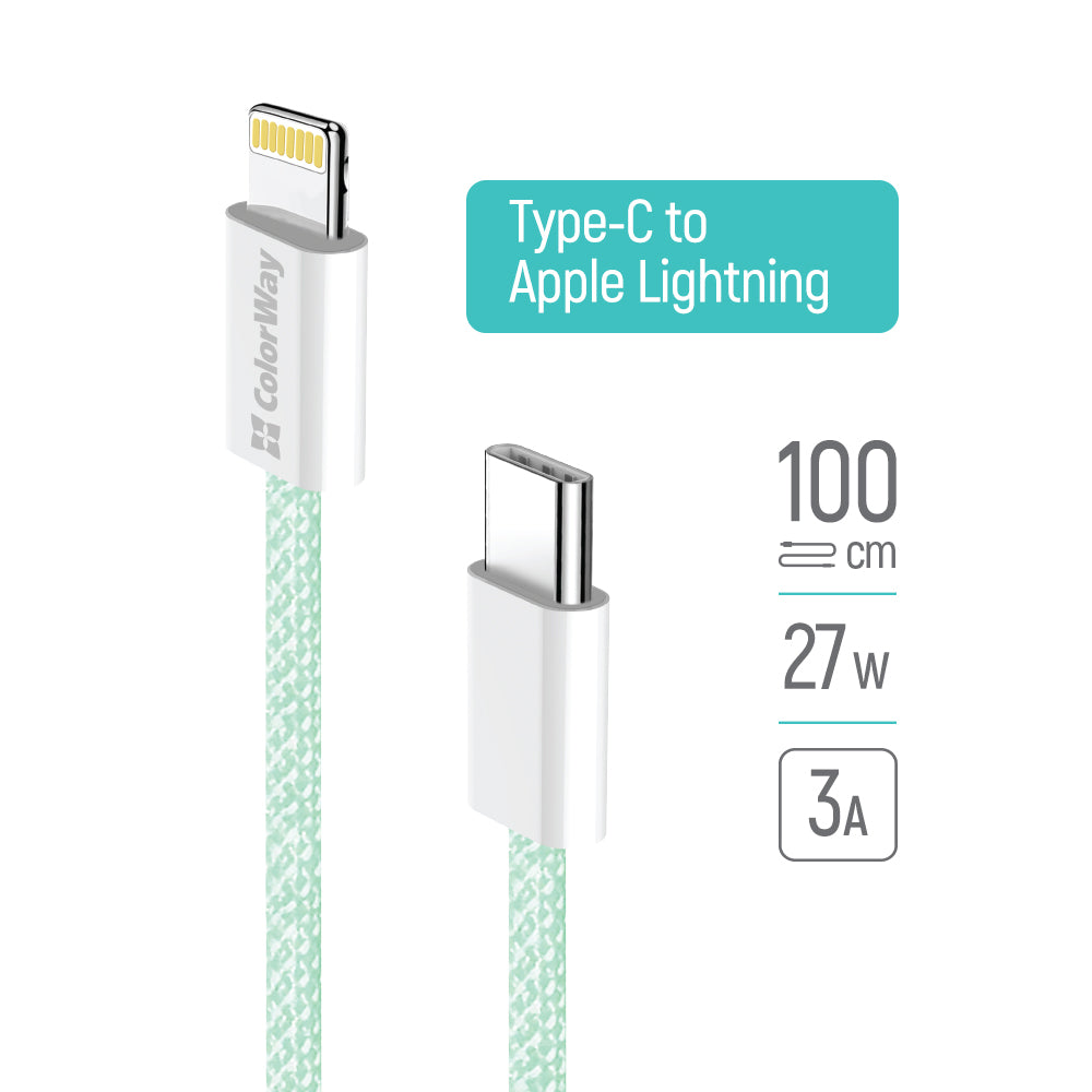 Câble de Données et de Charge USB-C - Lightning ColorWay CW-CBPDCL061, 27W, 1m, Vert