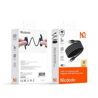 Câble de Données et de Charge USB-C - Lightning McDodo CA-2010 Auto-enroulant, 36W, 1.2m, Noir