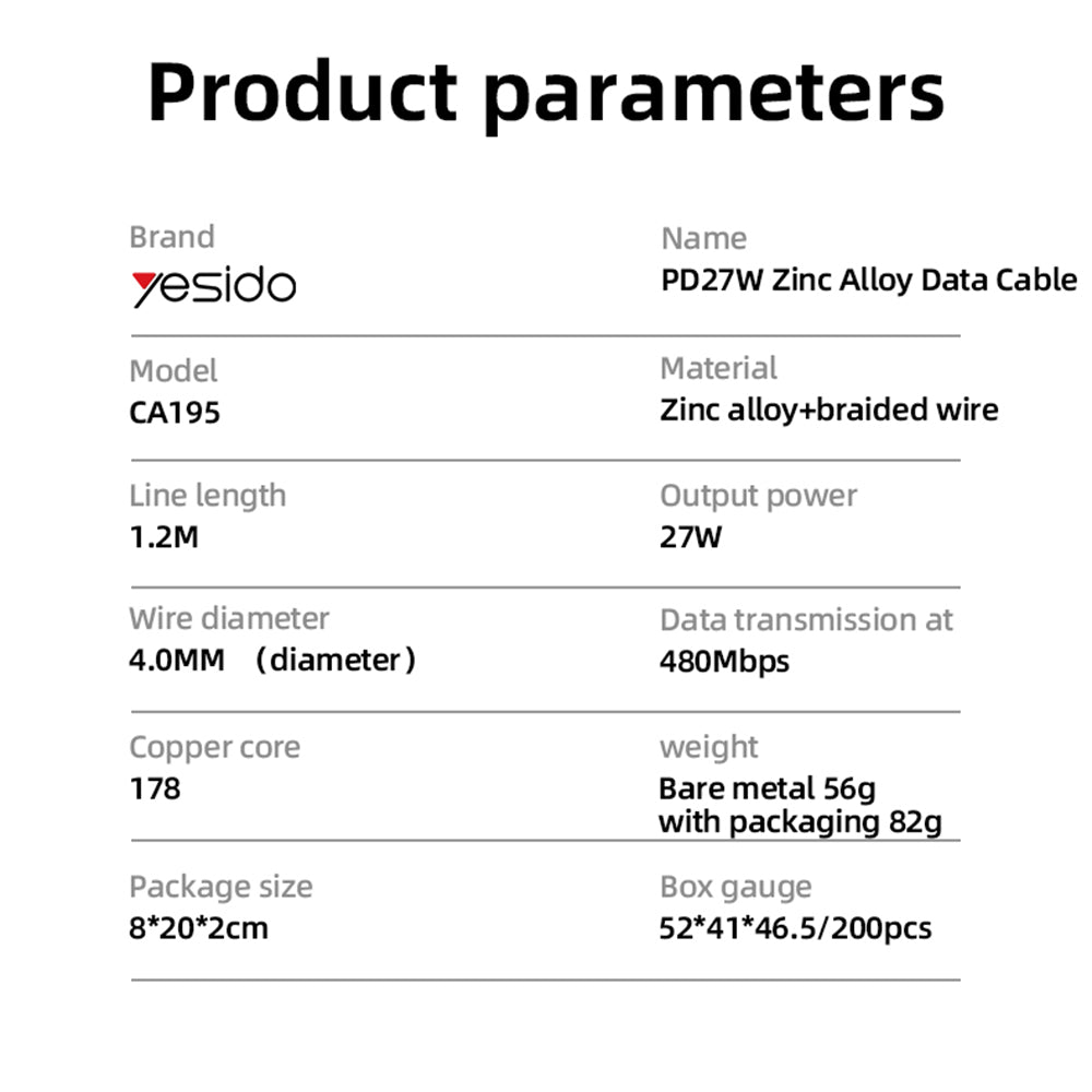 USB-C - Lightning Daten- und Ladekabel Yesido CA195, 27W, 1.2m, Schwarz