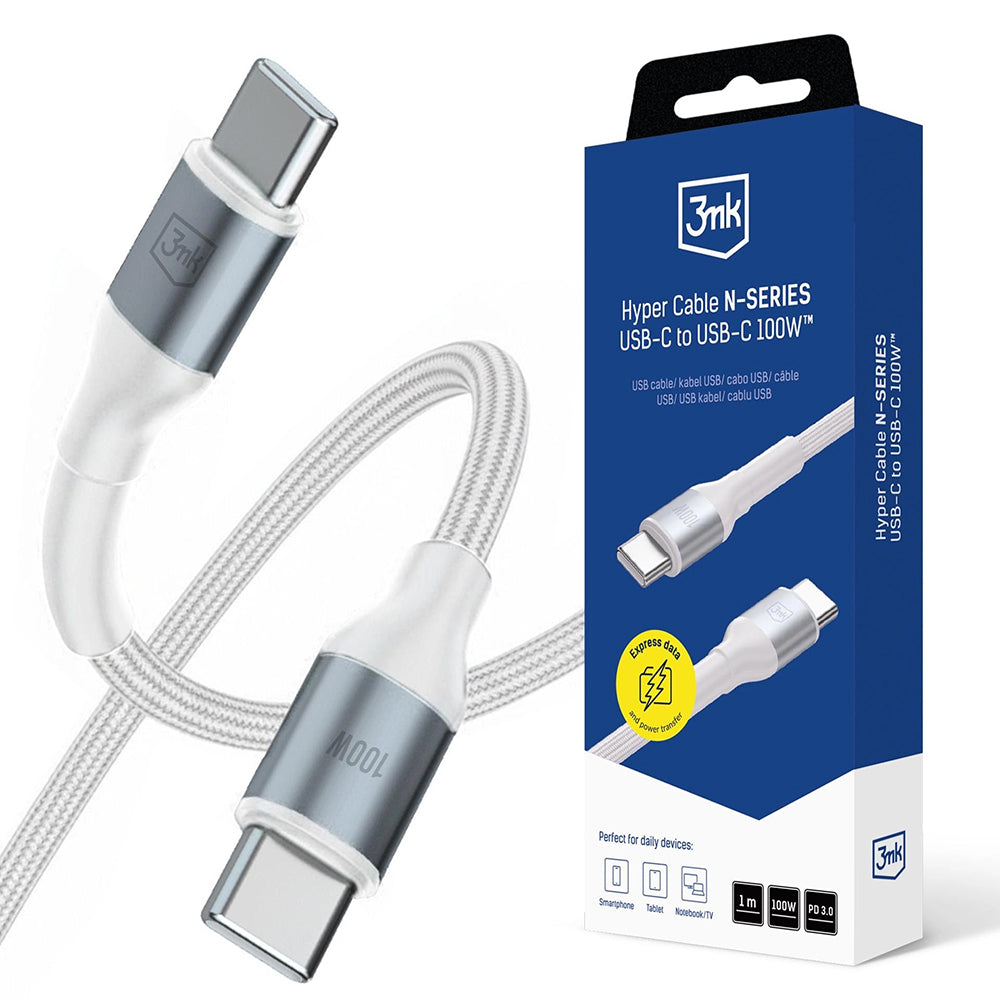 Câble de Données et de Charge USB-C - USB-C 3MK Hyper N, 100W, 1m, Blanc