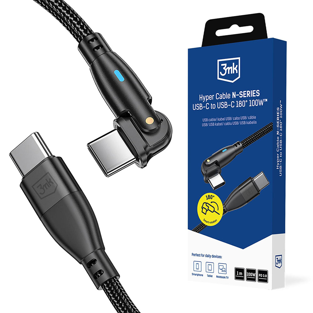 USB-C Data and Charging Cable - USB-C 3MK Hyper N Angled, 100W, 1m, Black