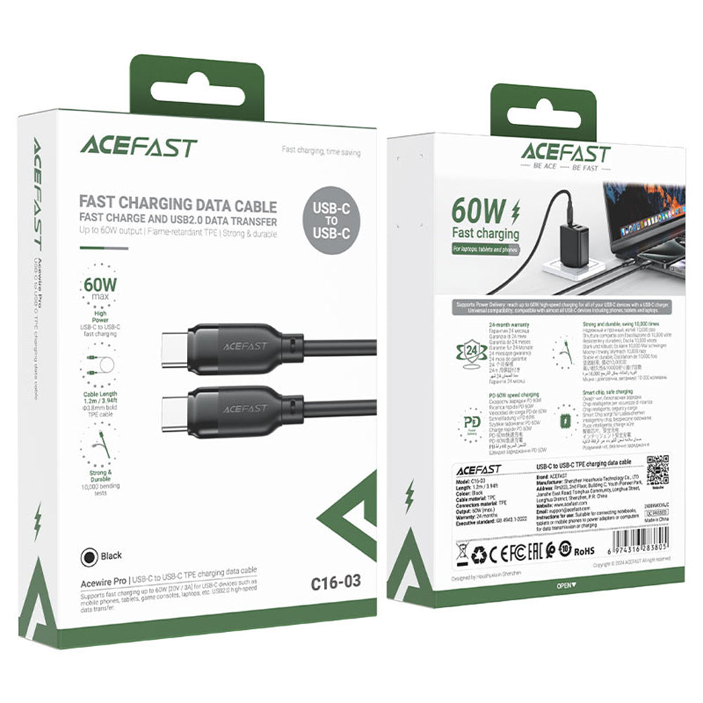 Câble de Données et de Charge USB-C - USB-C Acefast C16-03, 60W, 1.2m, Noir