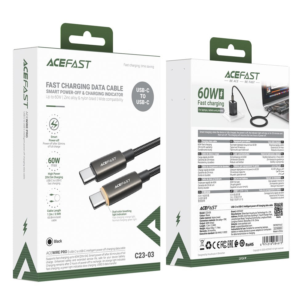 Câble de Données et de Charge USB-C - USB-C Acefast C23-03, 60W, 1.2m, Noir