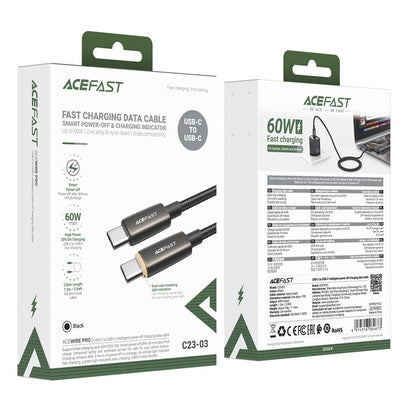Câble de Données et de Charge USB-C - USB-C Acefast C23-03, 60W, 1.2m, Noir