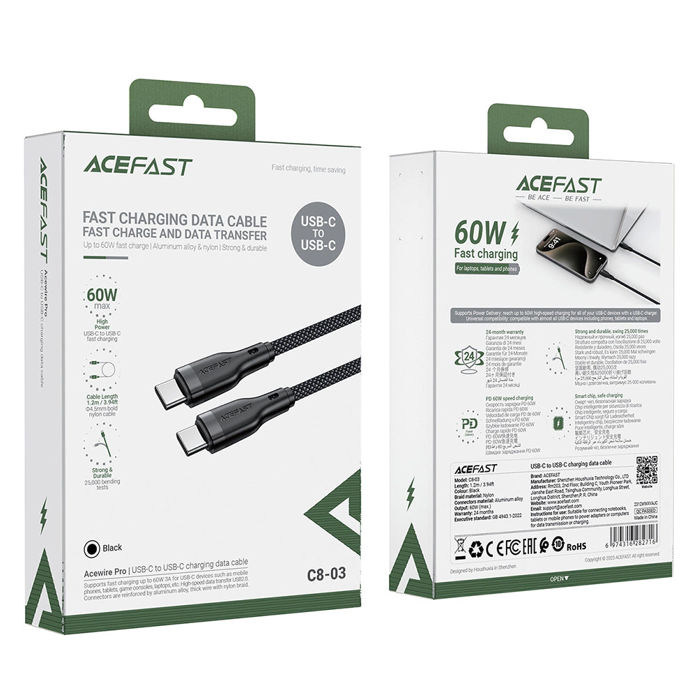 Câble de Données et de Charge USB-C - USB-C Acefast C8-03, 60W, 1.2m, Noir