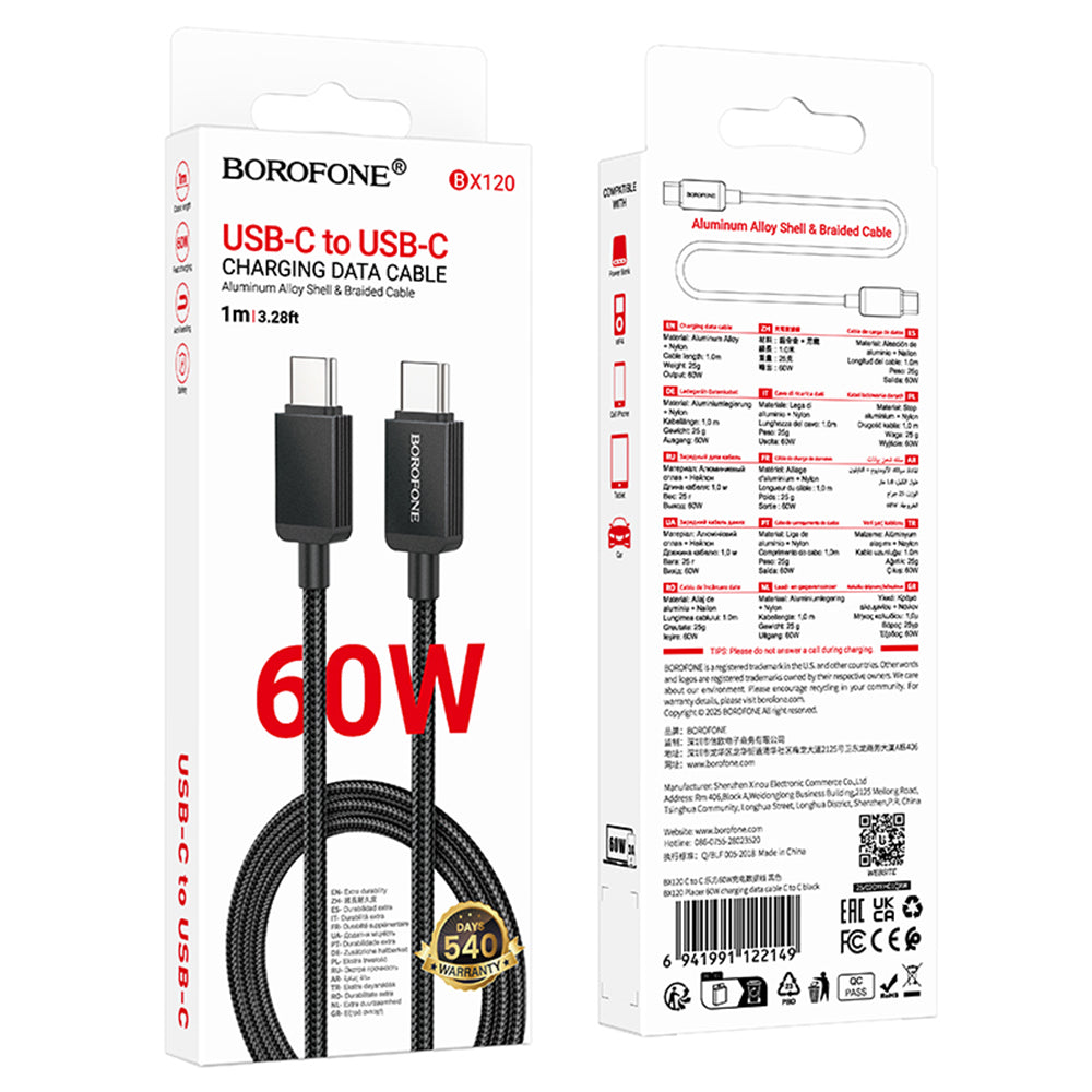 Daten- und Ladekabel USB-C - USB-C Borofone BX120 Placer, 60W, 1m, Schwarz