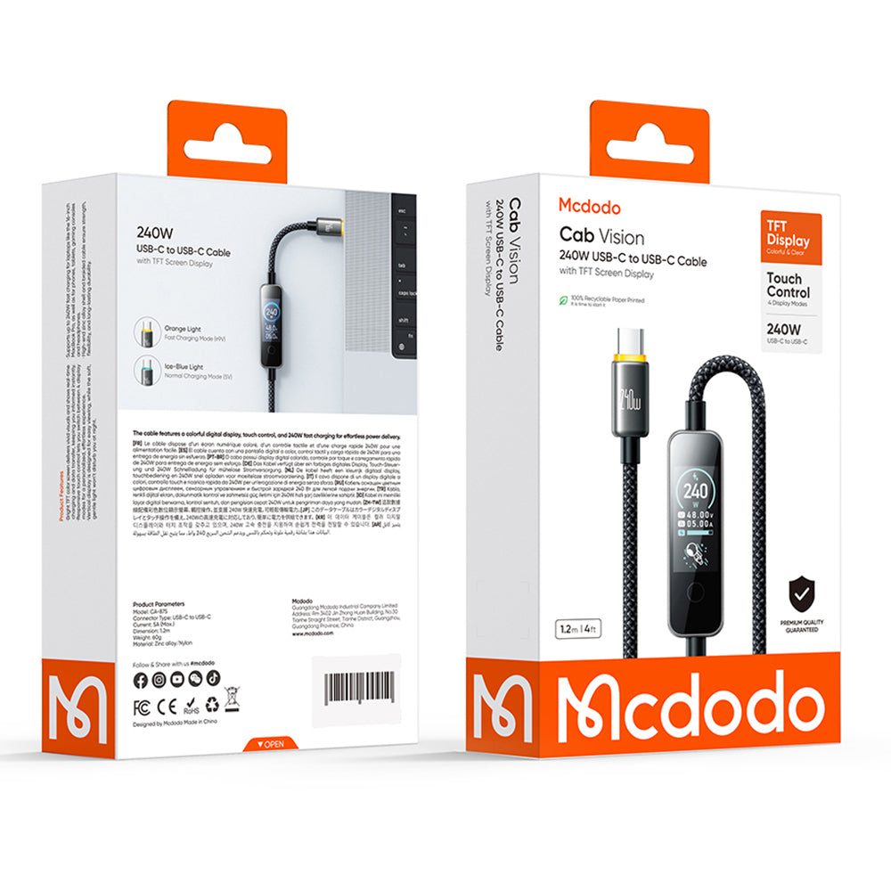 Câble de données et de charge USB-C - USB-C McDodo CA-8750 avec écran, 240W, 1,2m, Noir