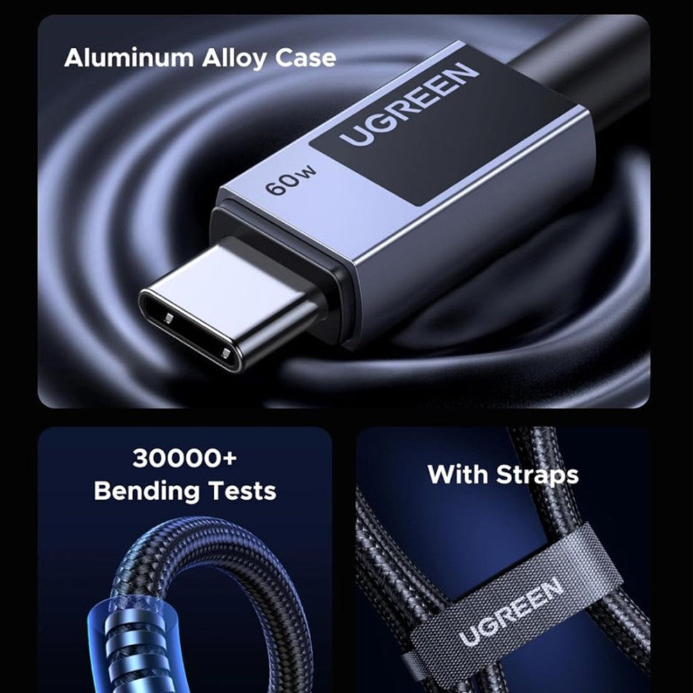 Câble de Données et de Charge USB-C - USB-C UGREEN L524, 60W, 1m, Gris