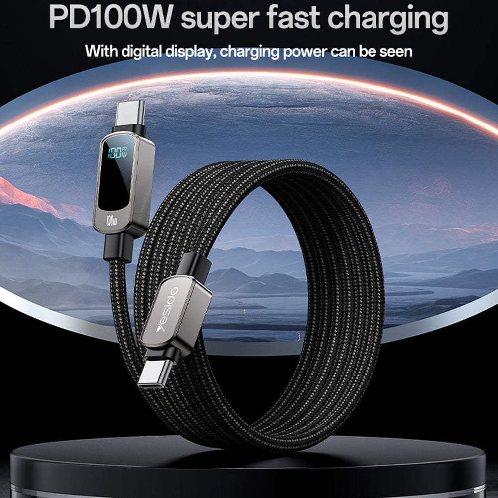 USB-C Data and Charging Cable - USB-C Yesido CA179 Display, 100W, 1.2m, Black