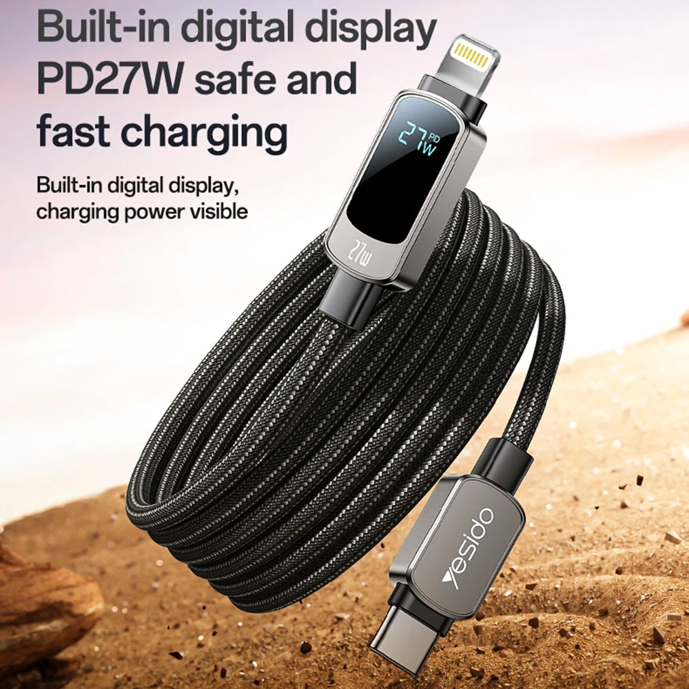 Câble de Données et de Charge USB-C - USB-C Yesido CA180 Display, 27W, 1.2m, Noir