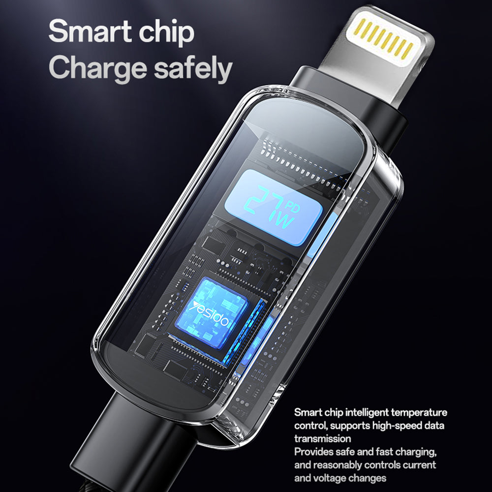 Câble de Données et de Charge USB-C - USB-C Yesido CA180 Display, 27W, 1.2m, Noir