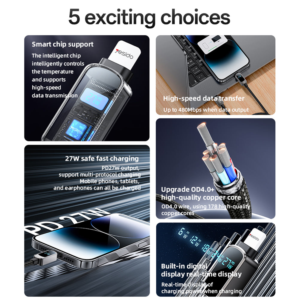 Câble de Données et de Charge USB-C - USB-C Yesido CA180 Display, 27W, 1.2m, Noir