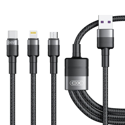 Ladekabel USB-A - Lightning / microUSB / USB-C XO Design NB-Q191 3in1, 66W, 1.2m, Schwarz