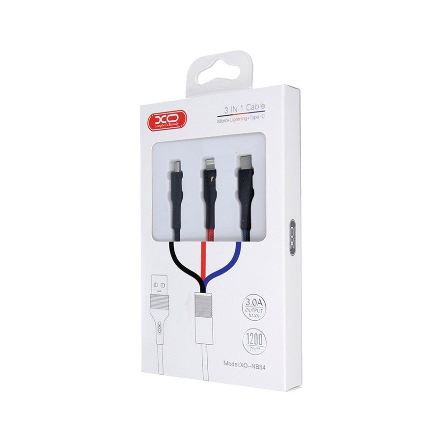 Câble de Chargement USB-A - Lightning / microUSB / USB-C XO Design NB54, 18W, 1.2m, Multicolore