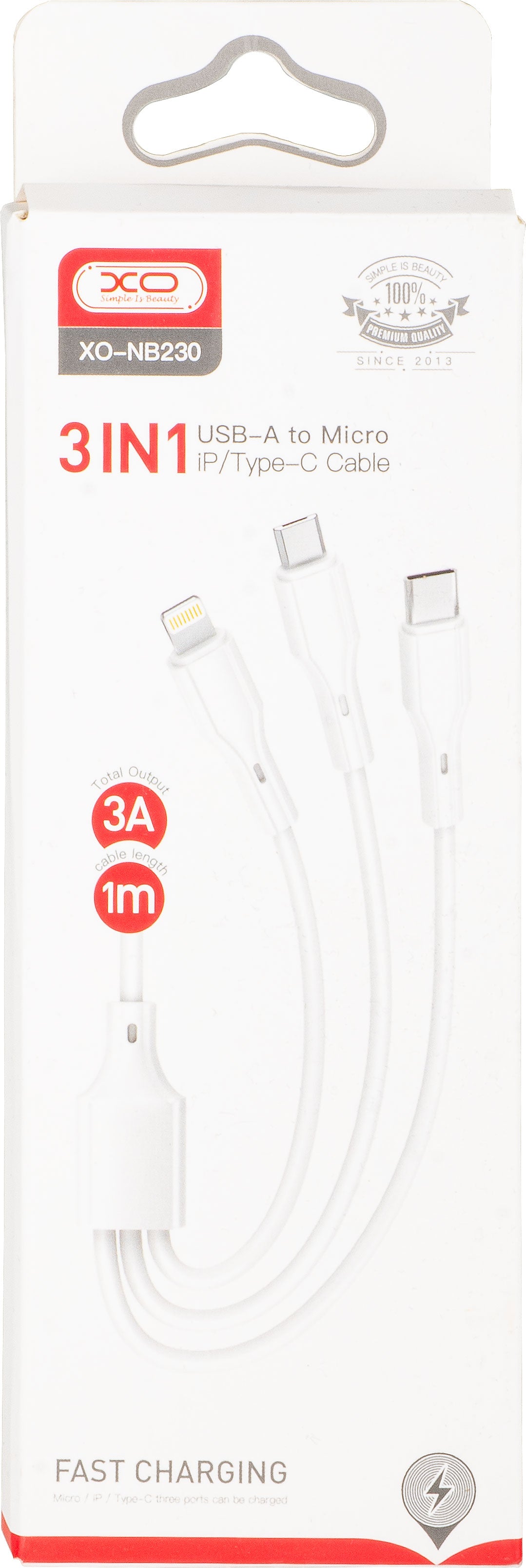 Câble de Chargement USB-A - Lightning / microUSB / USB-C XO Design NB230 3en1, 20W, 1m, Blanc
