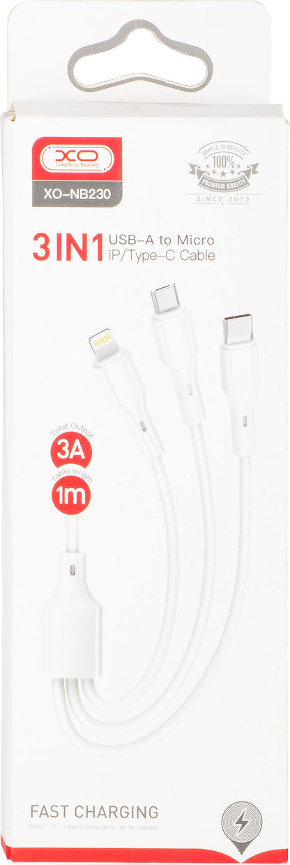 Câble de Chargement USB-A - Lightning / microUSB / USB-C XO Design NB230 3en1, 20W, 1m, Blanc