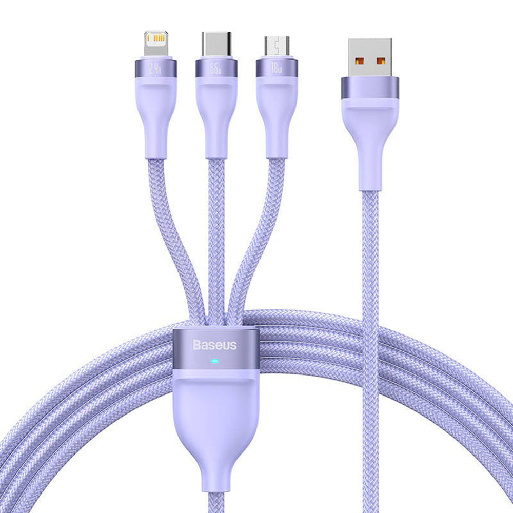 USB-A Charging Cable - Lightning / microUSB / USB-C Baseus Flash Series II 3in1, 66W, 1.2m, Purple CASS040005