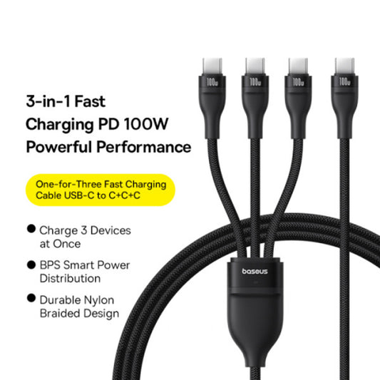 USB-C Ladekabel - 3 x USB-C Baseus Flash Series III 3in1, 100W, 1,5m, Schwarz P10377503111-00