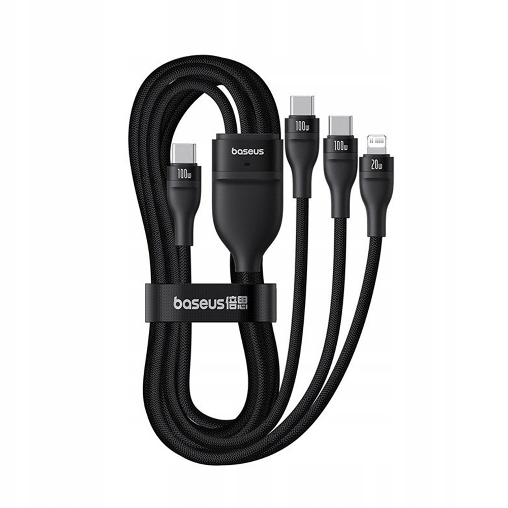 Câble de charge USB-C - Lightning / 2 x USB-C Baseus Flash Series III 3en1, 100W, 1,5m, Noir, Reconditionné P10377502111-00