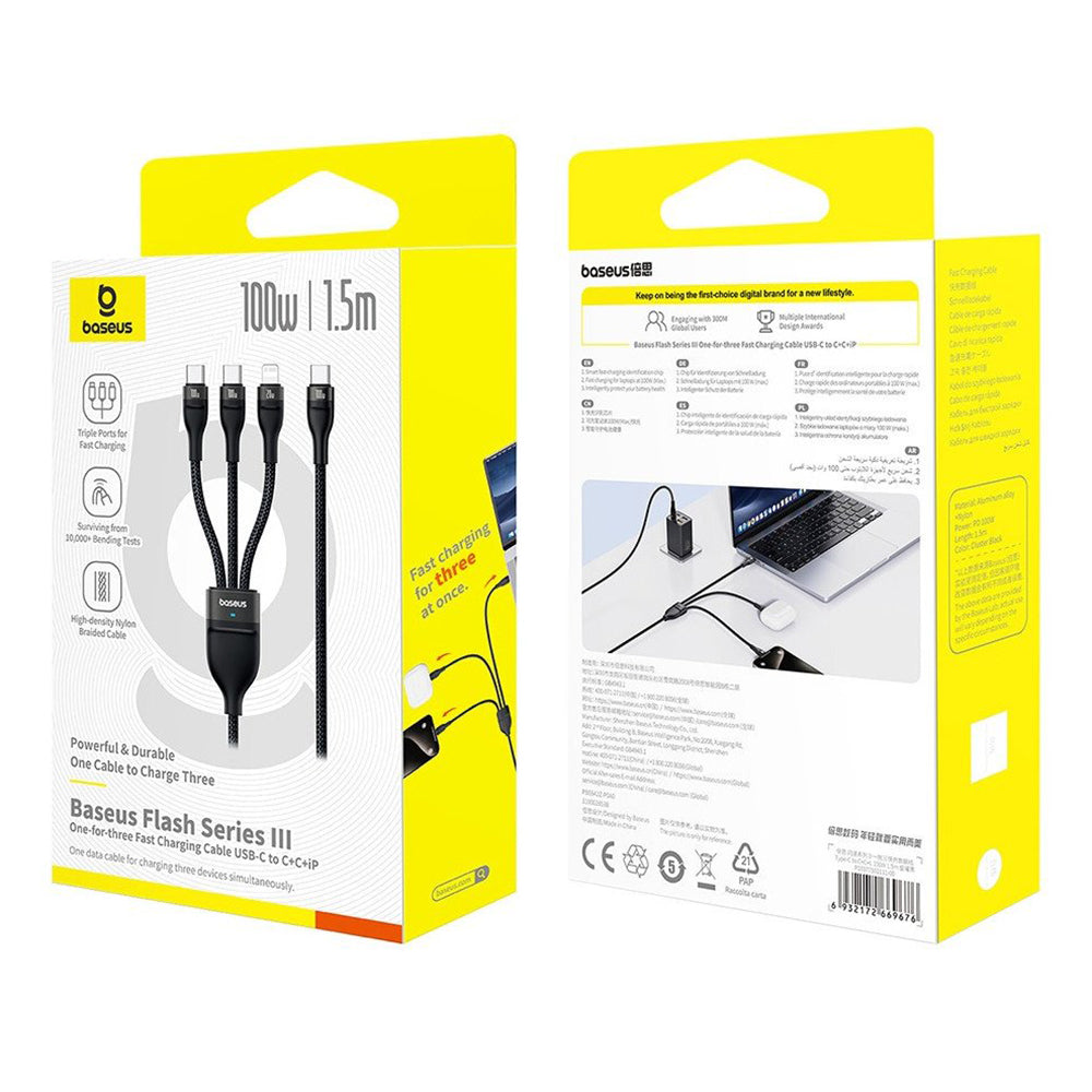 USB-C - Lightning Ladekabel / 2 x USB-C Baseus Flash Series III 3in1, 100W, 1,5m, Schwarz P10377502111-00