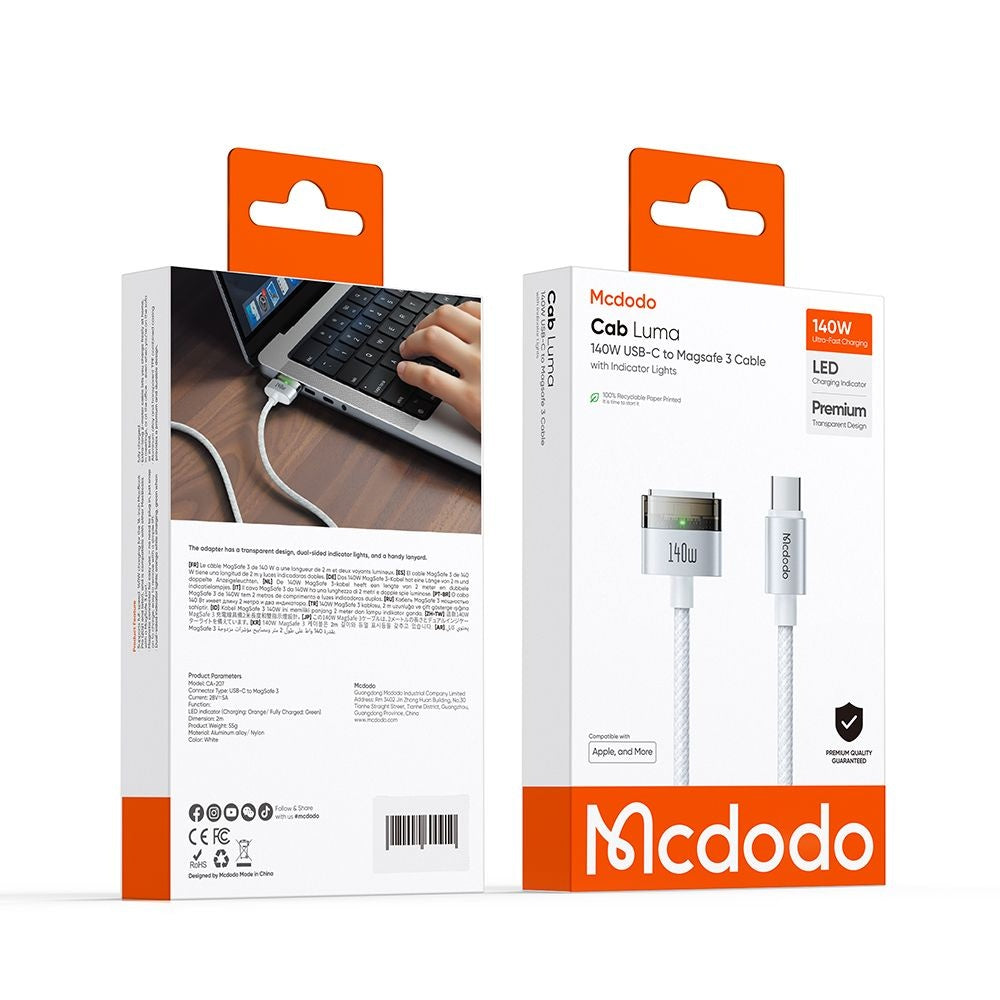 Ladekabel McDodo CA-2071, USB-C - MagSafe 3, 140W, 2m, Weiß