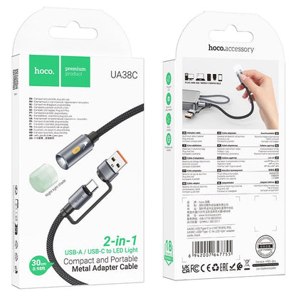 HOCO UA38C LED Cable, USB-C / USB-A, 0.3m, Black