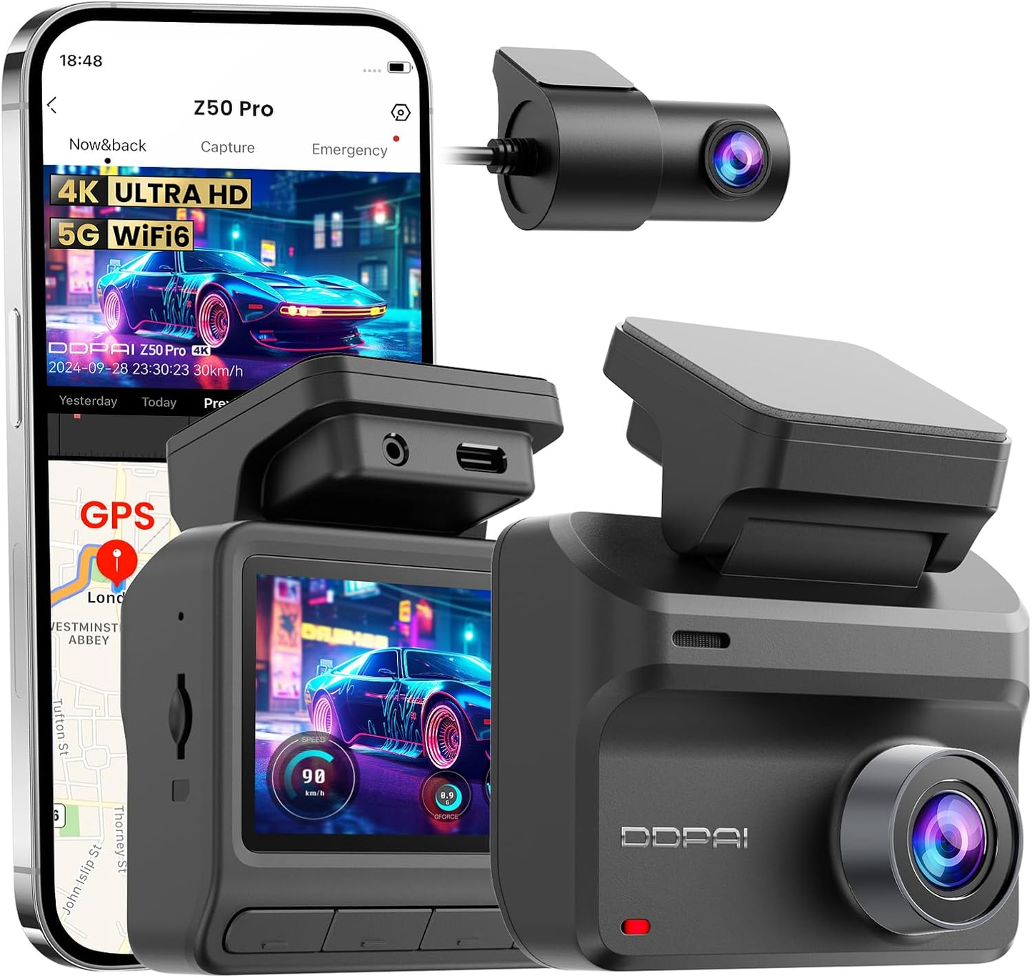 DDPAI Z50 Pro Dual Front and Rear Car Camera, 4K, Wi-Fi, GPS, 3-inch Display