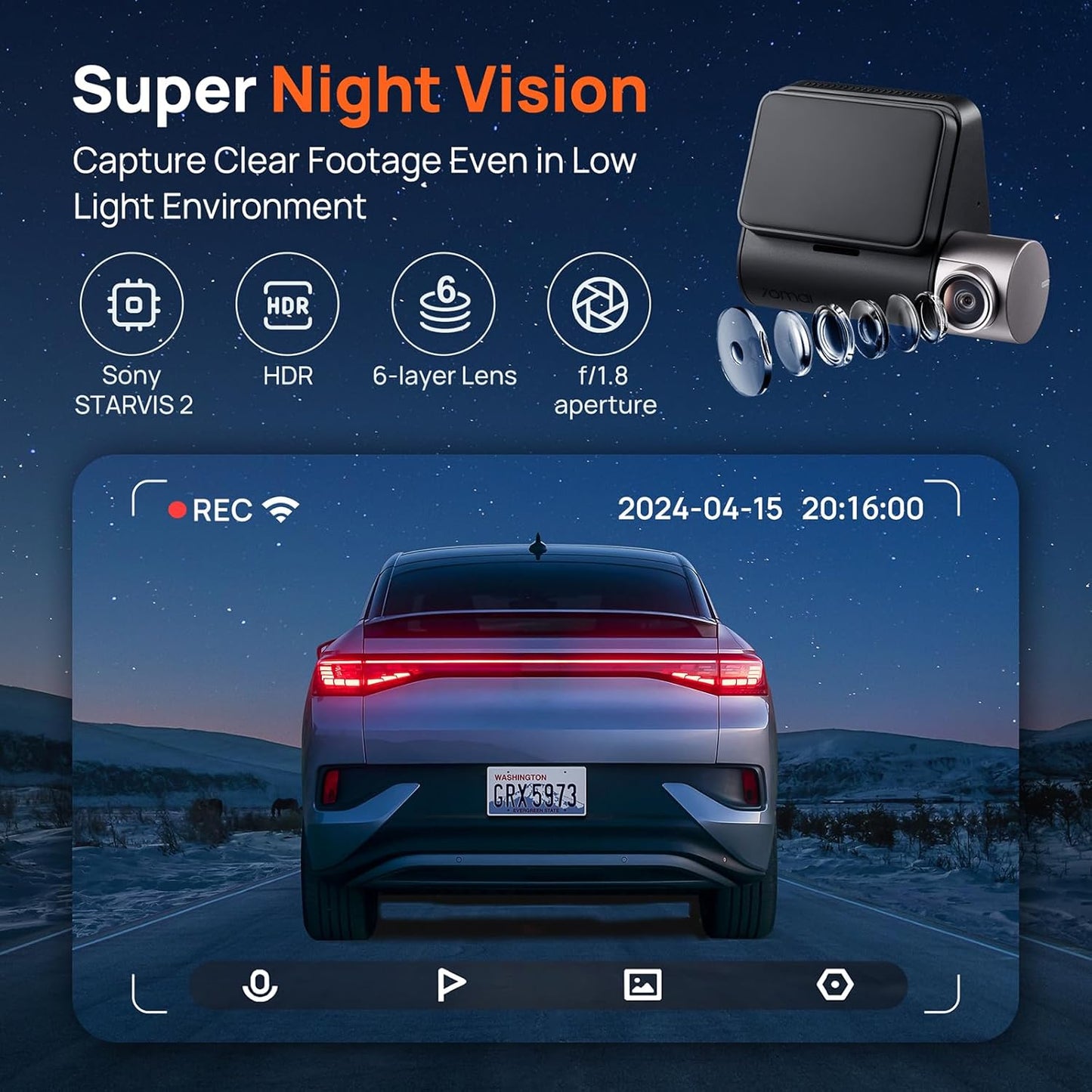 Caméra Auto Avant Arrière 70mai Dash Cam A510, 3K, GPS, Wi-Fi, Écran 2 pouces