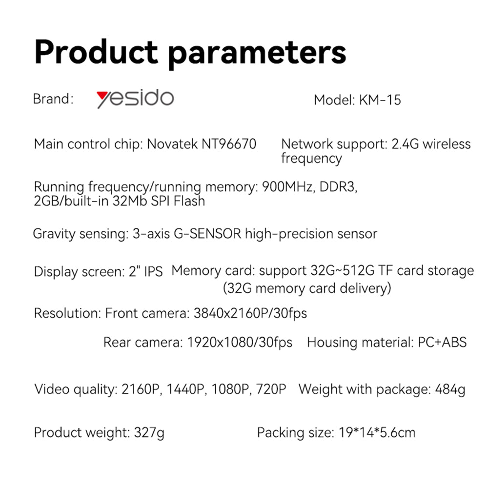 Auto-Kamera Vorne Hinten Yesido KM15, 4K, Wi-Fi, 2-Zoll-Display