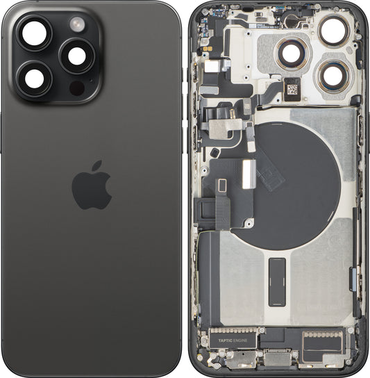 Batteriedeckel Apple iPhone 15 Pro Max, mit Mittelgehäuse, Komplettteile, Schwarz (Black Titanium), Premium Swap
