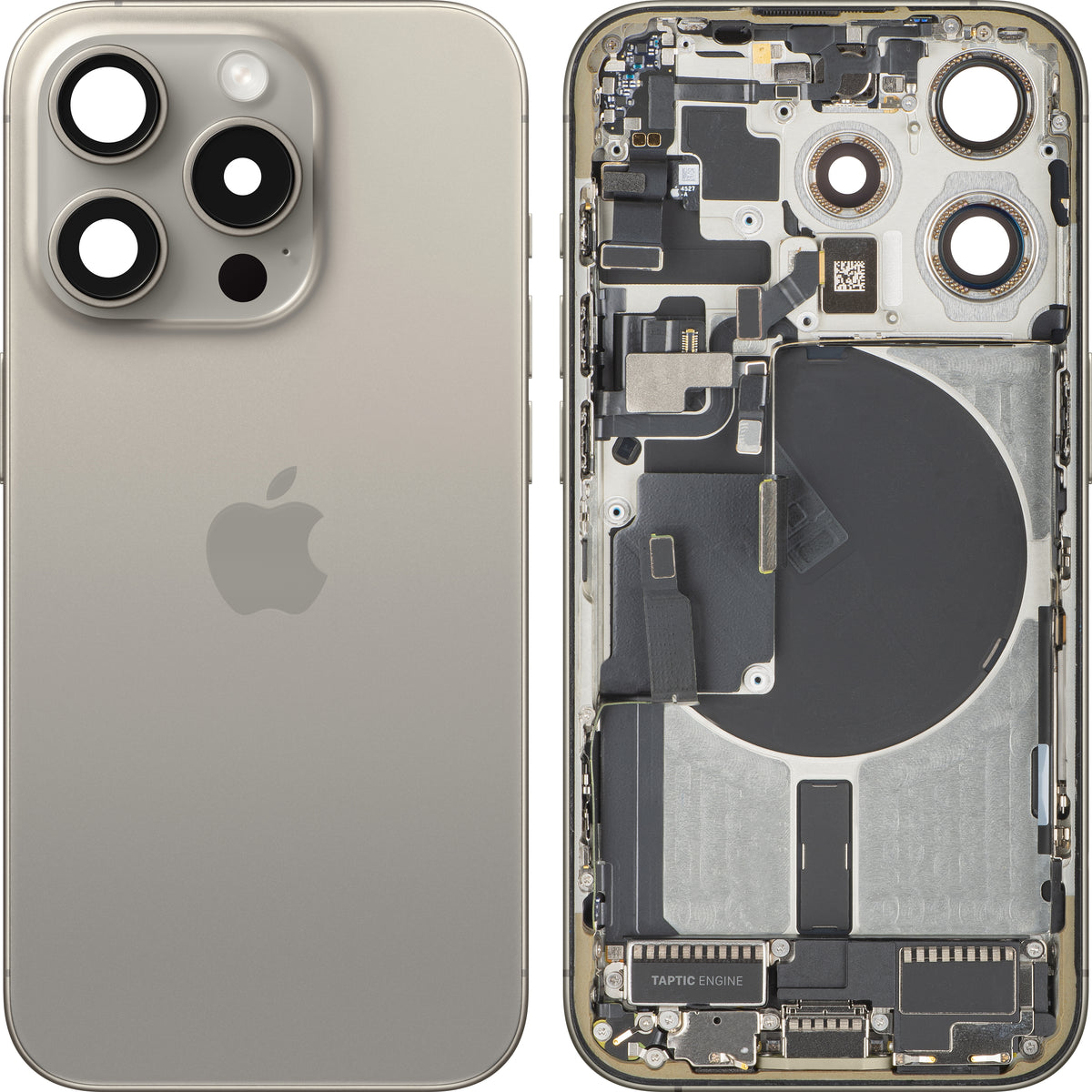 Cache batterie Apple iPhone 15 Pro, avec châssis central, version US, beige (titane naturel), échange standard