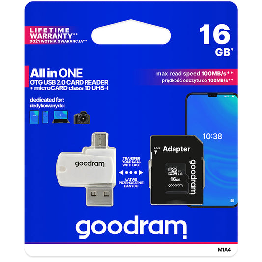 Carte Mémoire microSDHC GoodRam, 16Gb, Classe 10 / UHS-1 U1, Avec Lecteur de Carte et Adaptateur M1A4-0160R12