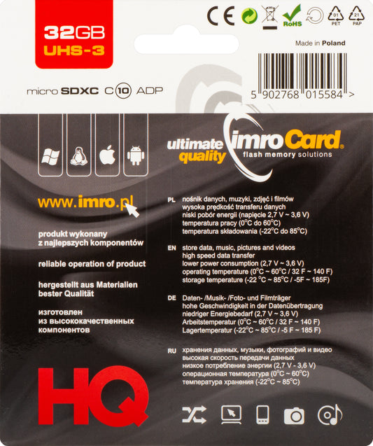 Carte mémoire microSDHC Imro, 32Gb, Classe 10 / UHS-1 U3, Avec Adaptateur