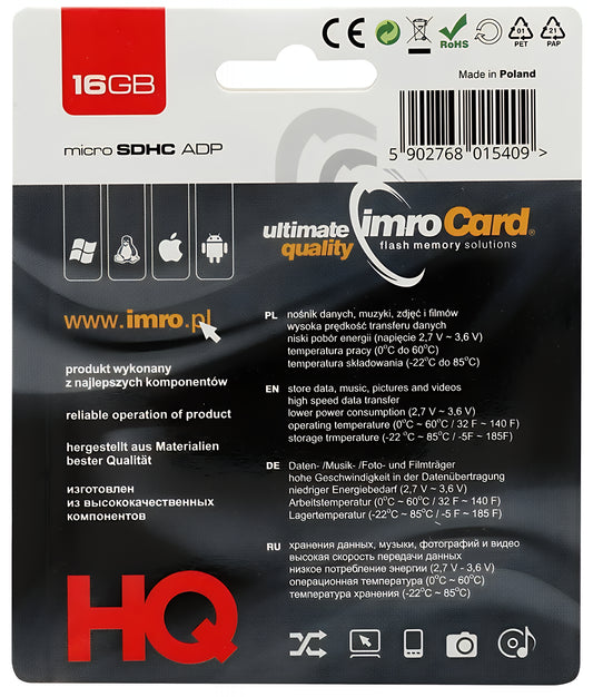 Carte mémoire microSDHC Imro, 16Gb, Classe 4, Avec Adaptateur