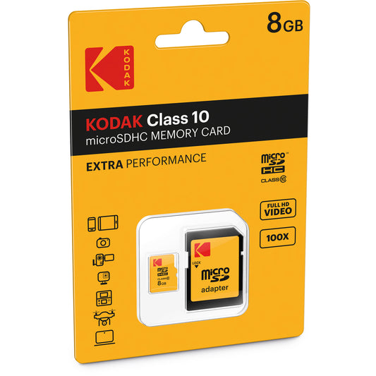 Carte Mémoire microSDHC Kodak Extra Performance, 8Gb, Classe 10, Avec Adaptateur EKMSDM8GHC10CK