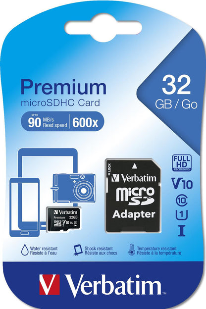Carte Mémoire microSDHC Verbatim, 32Gb, Classe 10 / UHS-1 U1, Avec Adaptateur