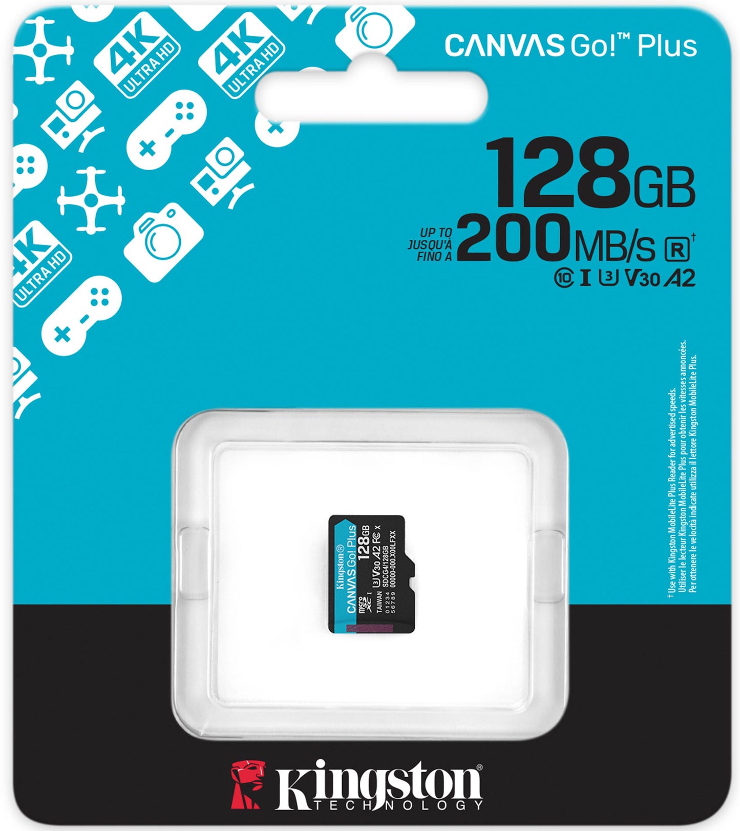 Carte mémoire microSDXC Kingston Canvas Go Plus Android A2, 128Gb, Classe 10 / UHS-1 U3 SDCG4/128GBSP