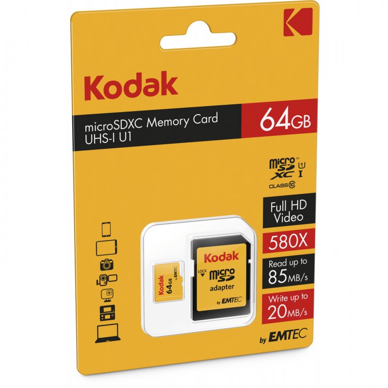 Carte mémoire microSDXC Kodak, 64Go, Classe 10 / UHS-1 U1, Avec Adaptateur EKMSDM64GXC10K