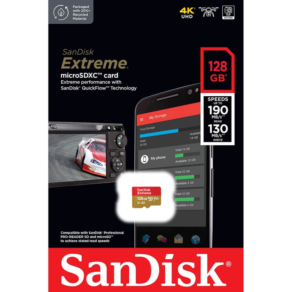 Carte mémoire SanDisk Extreme microSDXC, 128 Go, Classe 10 / UHS-1 U3 SDSQXAA-128G-GN6MN 
