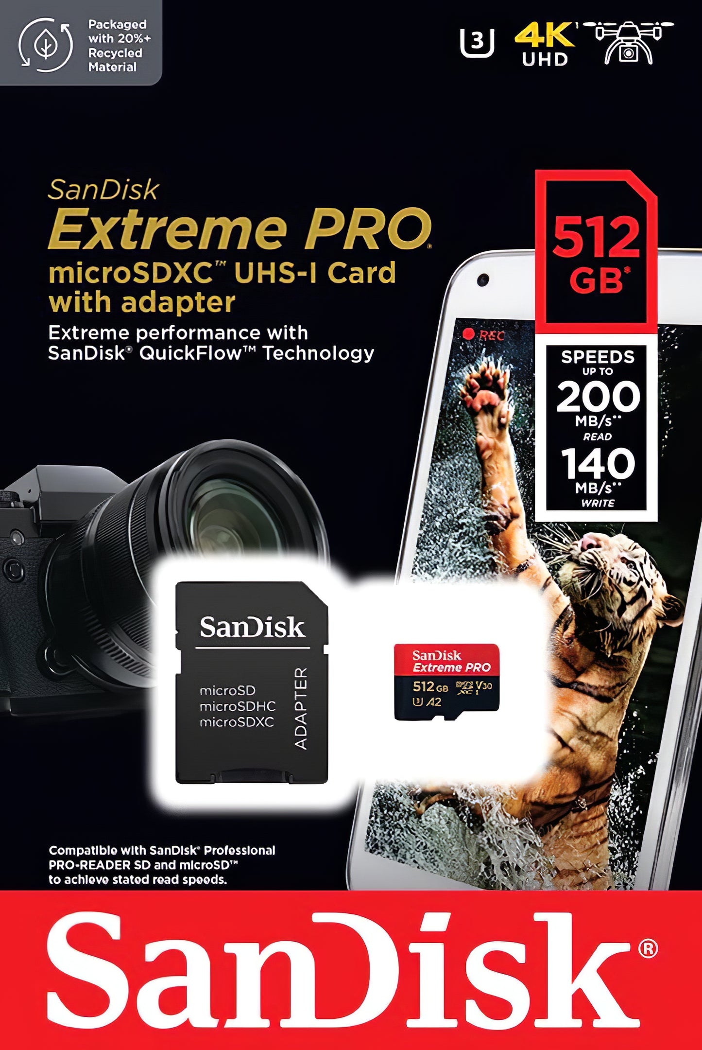 Carte mémoire microSDXC SanDisk Extreme Pro, 512Go, Classe 10 / UHS-1 U3, Avec Adaptateur SDSQXCD-512G-GN6MA